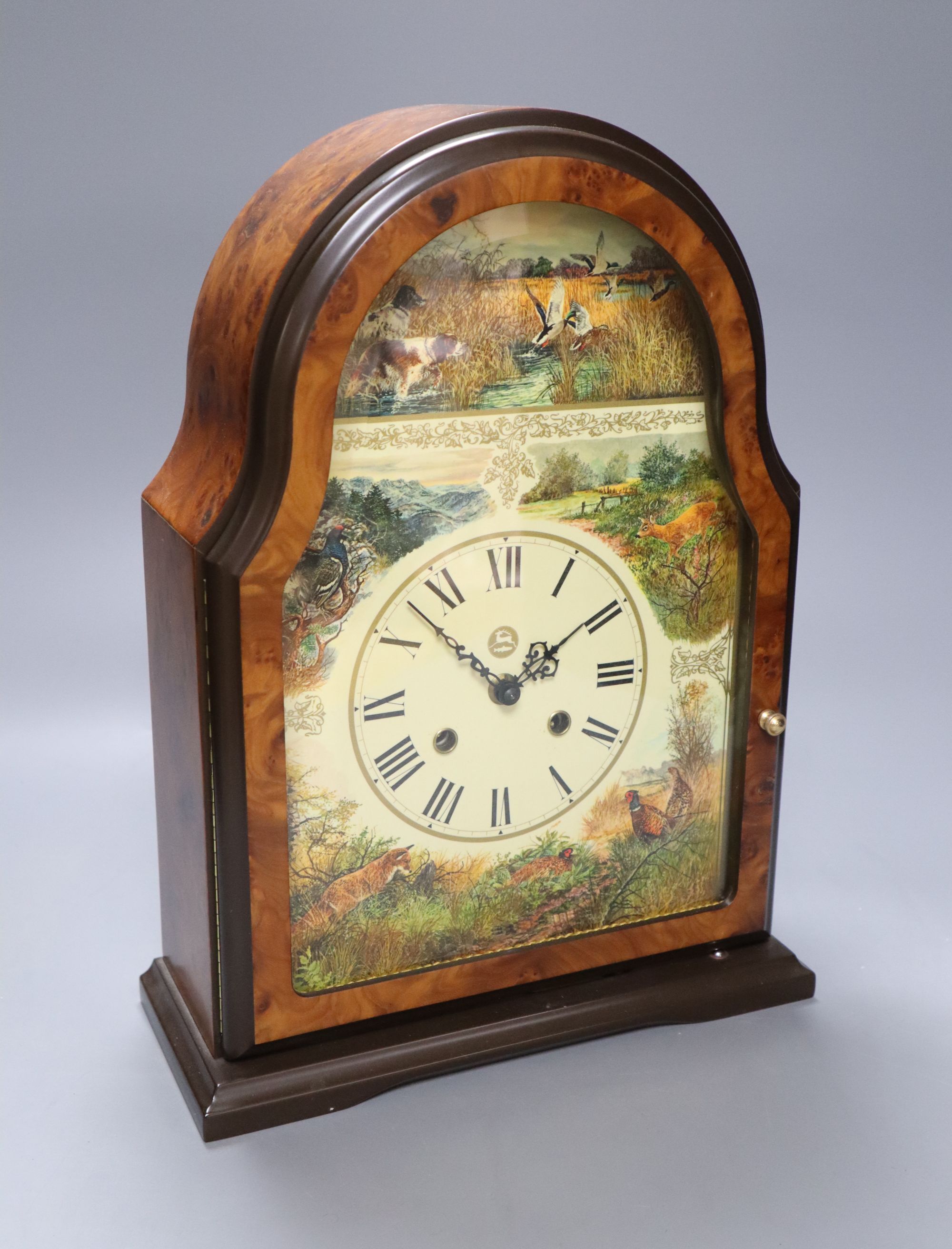 A burr walnut painted mantel clock, height 36cm